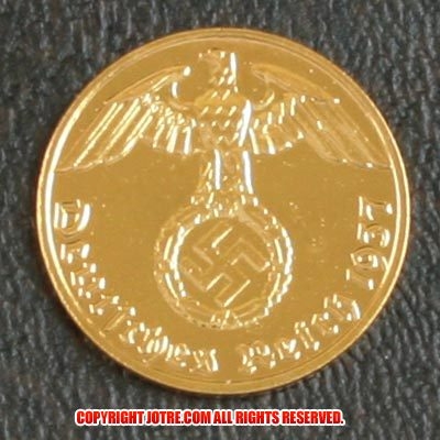本物☆ナチスドイツ銀貨reichsreich1ライヒスペニヒコイン(金貨風)金メッキ加工済み 通貨 | ジョークトレジャー