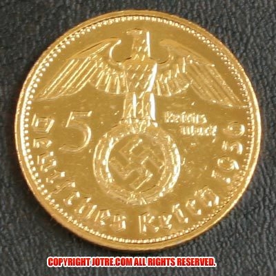 本物☆ナチスドイツ銀貨reichsmark5ライヒスマルクコイン(金貨風)金メッキ加工済み2 通貨 | ジョークトレジャー